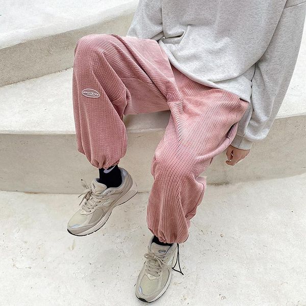 

men's pants men casual corduroy pink trousers wide leg hip hop harajuku streetwear harem joggers, Black