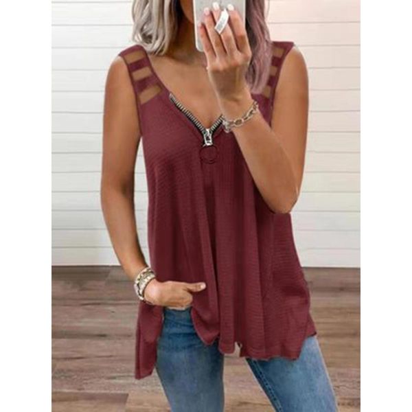 

women's t-shirt womens sleeveless t shirt 2021 summer solid color vest casual camisole tees hollow zippers v-neck loose tank, White