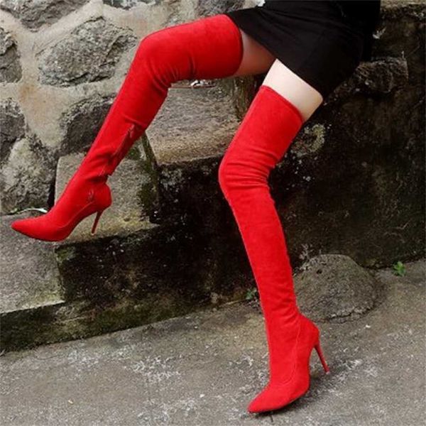 Мода зимние женские ботинки натягивают высокие дамы тонкие каблуки сапоги красные туфли женщина длинная 211105