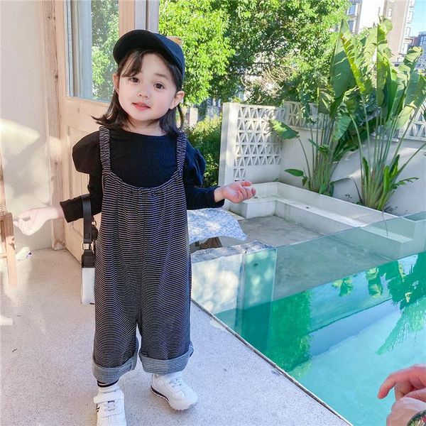 

spring arrival girls striped loose overalls pants for 1-7yrs casual sleeveless cotton outfits jumpsuits kids clothes, Blue