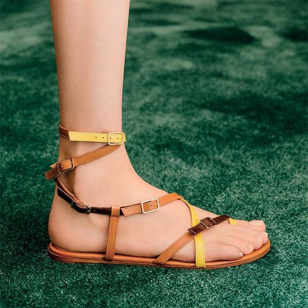 

sandals women's 2021 summer fashion clip toe flip flops color matching black flat buckle strap gladiator sandalias shoes