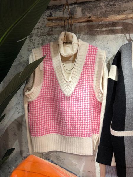 

women's vests [ewq] spring 2021 women casual loose v-neck panelled plaid short minimalist knitting sleeveless vest coat 8q832, Black;white