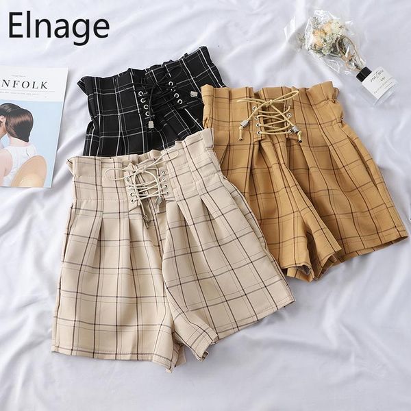 

japanese harajuku retro plaid summer shorts women korean 2021 fashion lace up high waist wide leg girls 5b446 women's, White;black