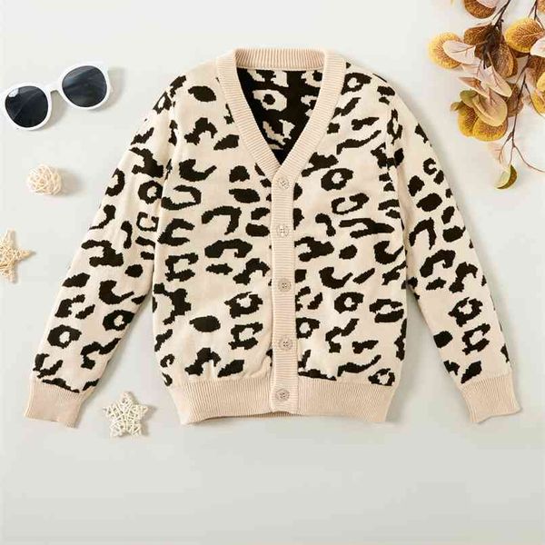 Прибытие осенью и зимой стильный леопардовый печать кнопки свитер кардиган дети мальчик девушка свитера 210528