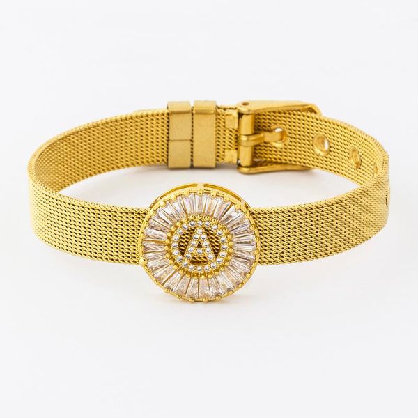 

charm bracelets classic stainless steel watch belt bracelet micro pave cz crystal 26 letters name party wedding jewelry gift, Golden;silver