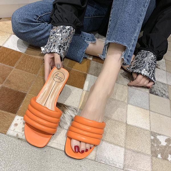 

slippers candy colors pleated women open toe slides summer outdoor leisure chunky heel beach 2021, Black