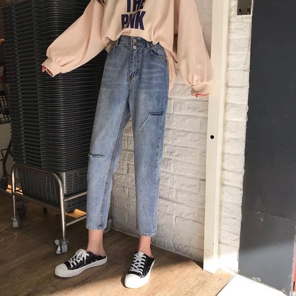 

high waist straight leg jeans womens cropped pant streetwar women loose and thin female ripped denim trousers fashion women's, Blue