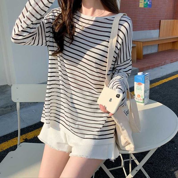 

new summer 2021 stripe loose long sleeve t-shirt sunscreen, White