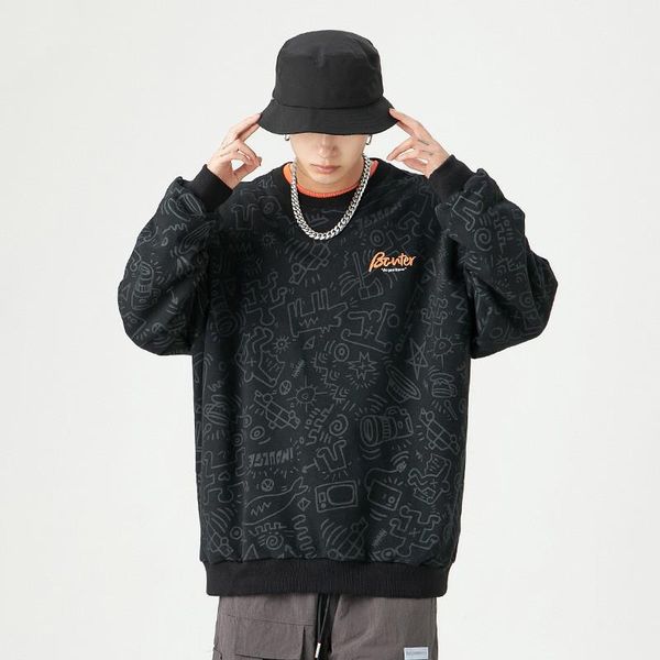 

men's hoodies & sweatshirts clothing autumn and winter fashion round neck sweater hip-hop full-print fun graffiti shirt casual pullover, Black