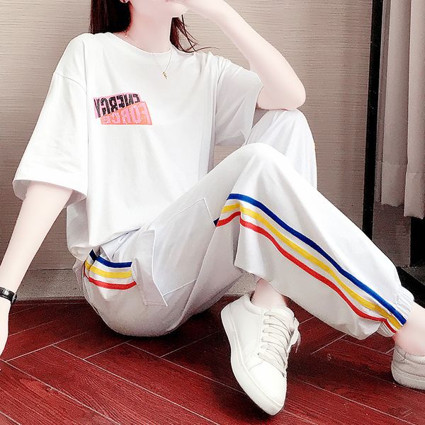 

tracksuits fashion sport suit sports and leisure t-shirt women's 2021 spring summer wear korean style loose versatile two piece pants, Gray