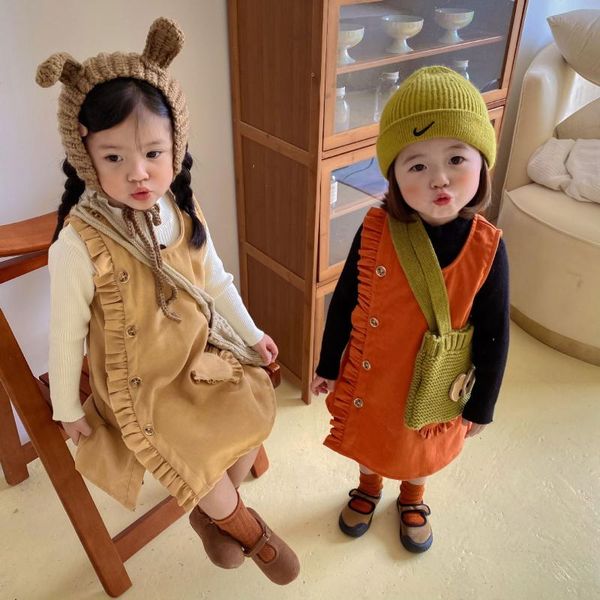

girl's dresses 2021 style girls corduroy ruffles dress autumn cotton fashion kids clothes 1-7 years, Red;yellow