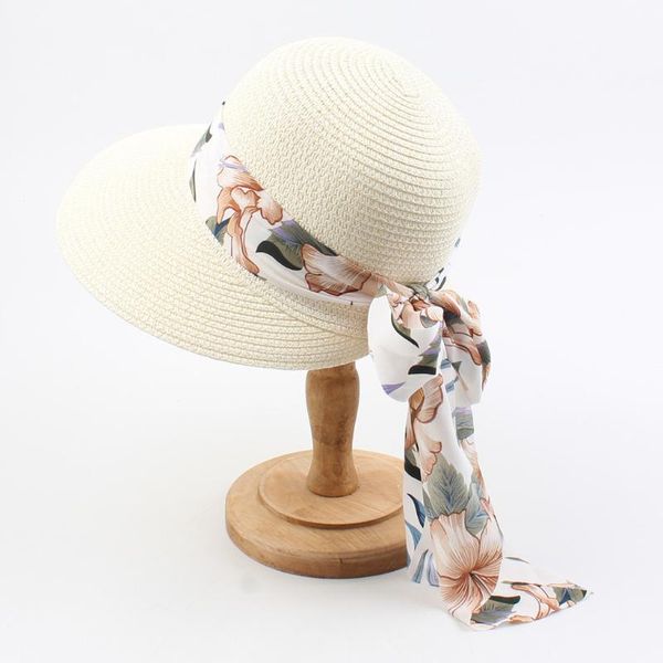 

Wide Brim Sun Hats For Women Girls Floppy Straw Hat Visor Summer Bohemia Beach Cap Elegant Flower Ribbon Chapeau Femme, Blue;gray