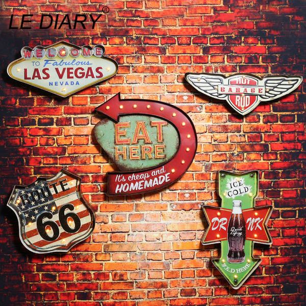 LEDIARY Ristorante Bar Lampada da parete a LED Cafe Decor Grande applique Illuminazione Retro Ferro Route 66 Cola Gelato Lampada da parete con telecomando 210724