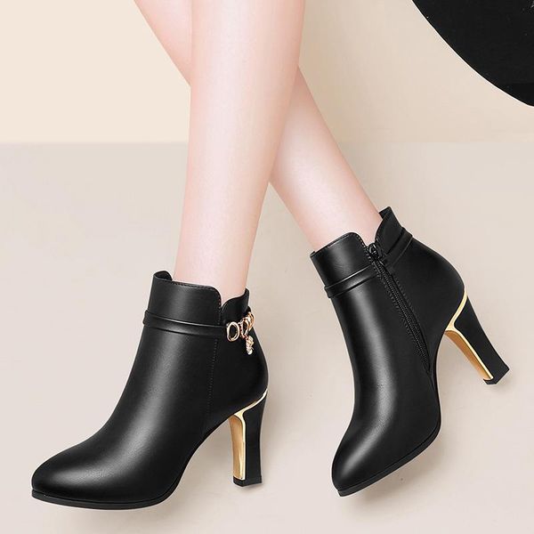 

boots black ankle women heel leather shoes high waterproof warm autumn woman heels fashion trend