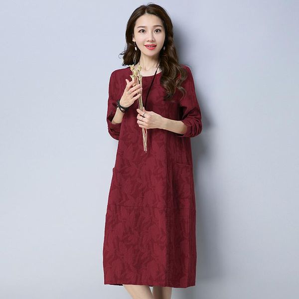 

casual dresses cotton and linen dress 2021 spring loose large size knee-length vintage print o-neck women, Black;gray