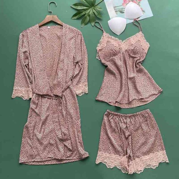 

women's sleepwear 3pcs pajamas set women pyjamas leopard casual loose nightwear robe&suspender sling&shorts printed home clot, Black;red