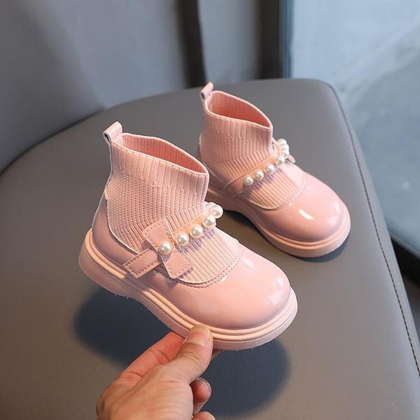 

boots 1-6 toddler girl princess baby kids shoes for fashion string bead ankle boot children socks slip-on plush little shoe, Black;grey