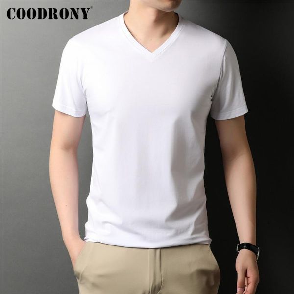 

men's t-shirts coodrony brand summer cool cotton tee classic pure color casual v-neck short sleeve t shirt men clothing c52, White;black