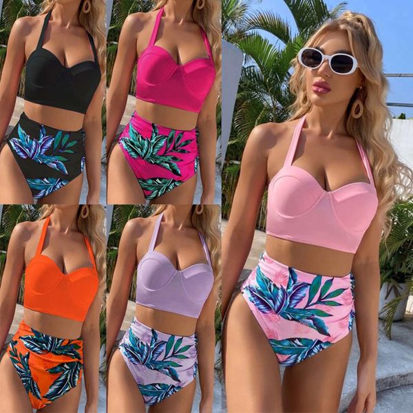 

hard bag multi color leaf print swimsuit swimsuit woman bikini, White;black