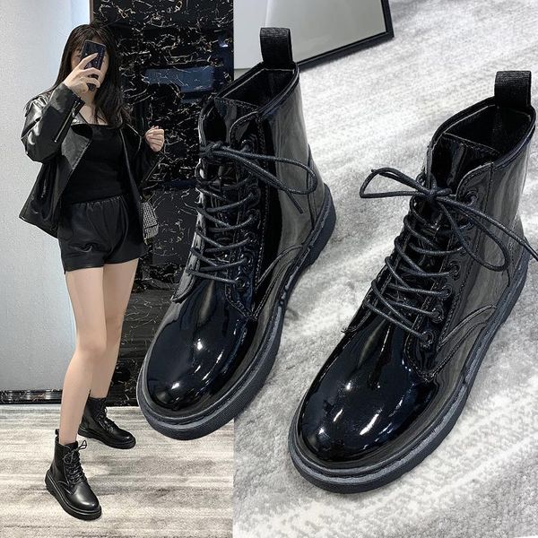 

damyuan women's sneakers style all-match boots 2021 spring and autumn motorcycle shiny female casual shoes, Black