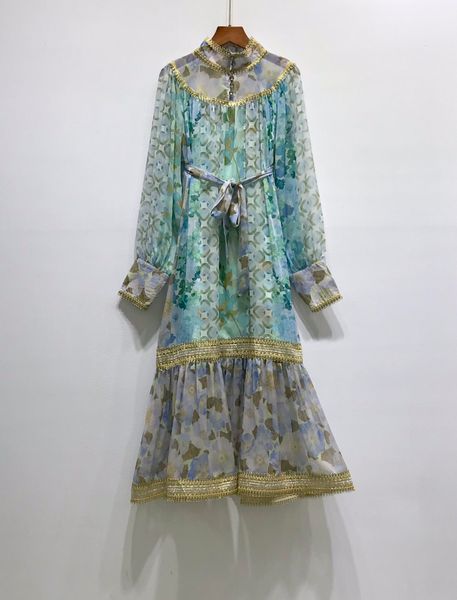 

bohemian autumn maxi dress designer skiy blue florals print long sleeves women's dress beach holiday cascasding long dress 92704, Black