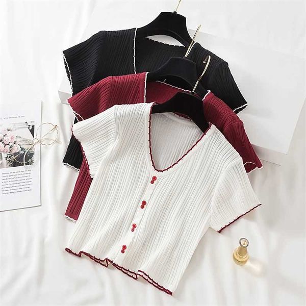 

summer white t-shirts women v-neck short sleeve button up flounce hem tshirts casual streetwear knitted tees for crop 210526