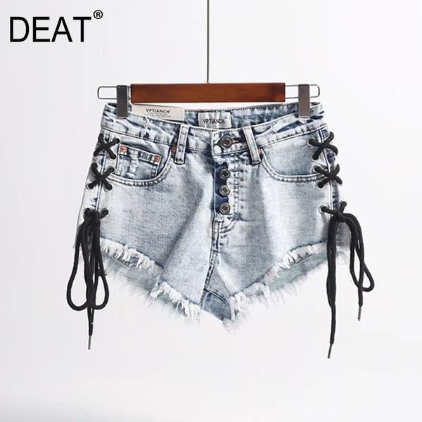 

denim shorts woman burrs tassel high waist washed drawstring cross side streetwear style 2021 summer fashion 15ht175 women's jeans, Blue