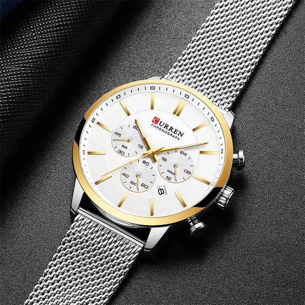 

curren brand men watch fashion business quartz wrist watches stainless steel mesh chronograph male clock date relogio masculino 210608, Slivery;brown