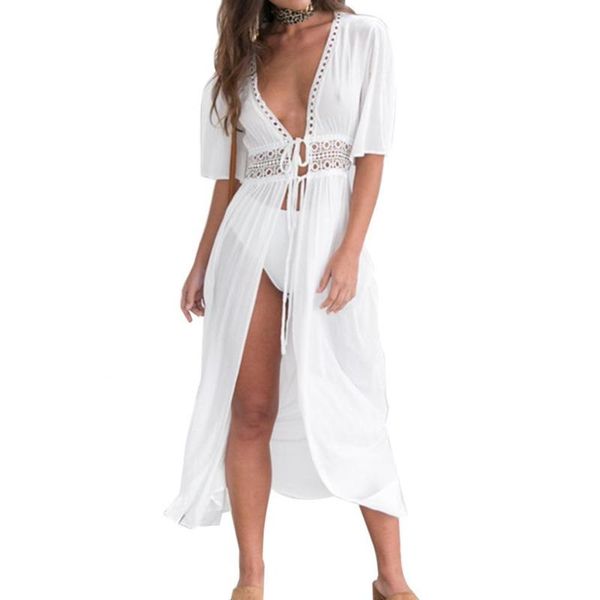 

women's swimwear women solid color hollow smock long bikini cover up lacing cardigan beachwear, White;black