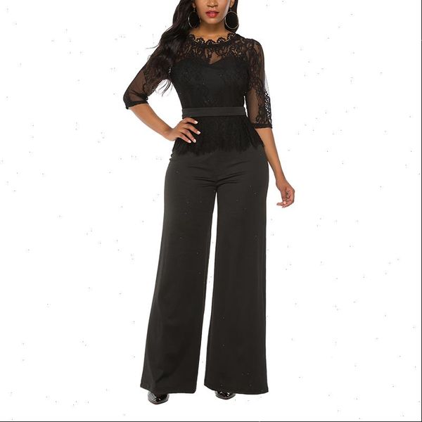 

womens half romper sleeve wide legs hollow out jumpsuit rompers lace long solid women sexy, Black;white