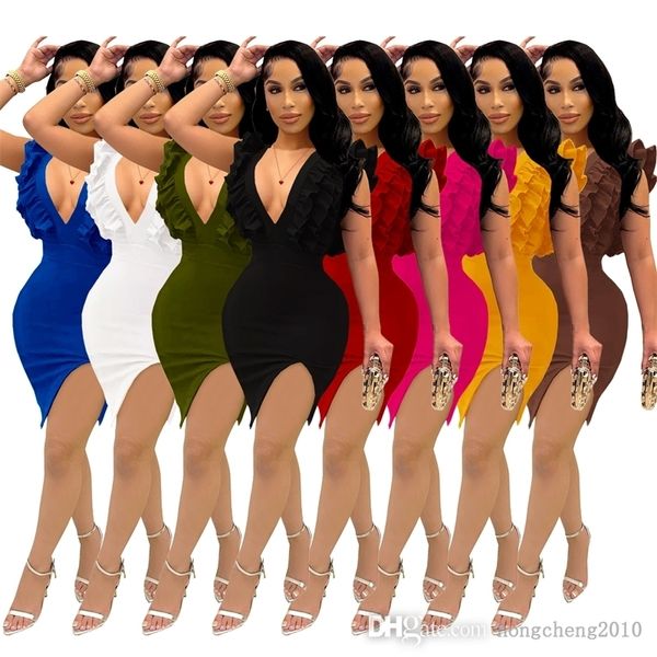 

dresses for women 2022 designer clothing backless v-neck fungus edge bodycon dress split skirt club wear plus size, Black;gray