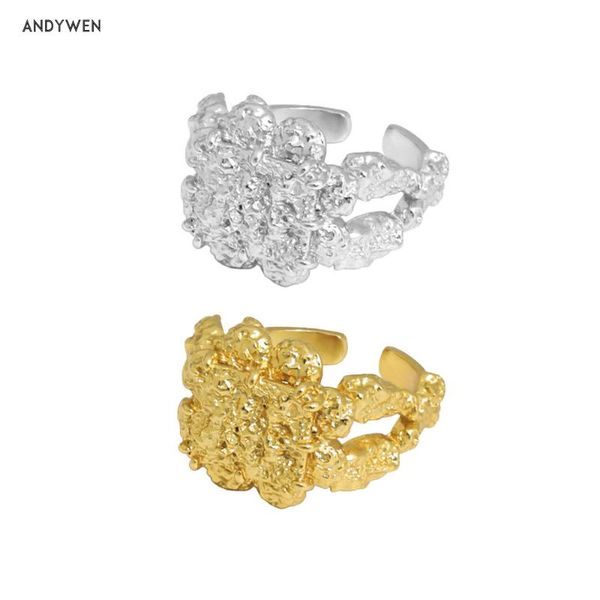 

cluster rings andywen 925 sterling silver gold resizable flower ring rock punk fashion wedding gift luxury slim, Golden;silver