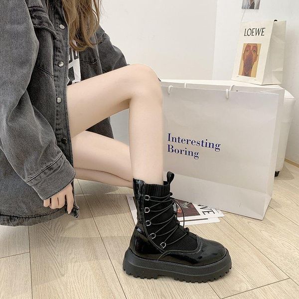 

cross-tied ankle boots for women 2021 winter motorcycle increase platform shoes round toe wedges botas altas mujer pu, Black