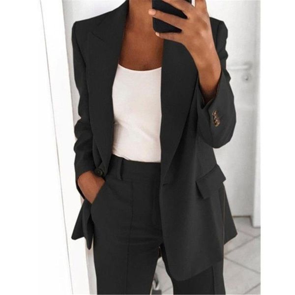 

women's suits & blazers 2021 solid color fashion casual suit collar long sleeve slim temperament coat women large size streetwear cloth, White;black