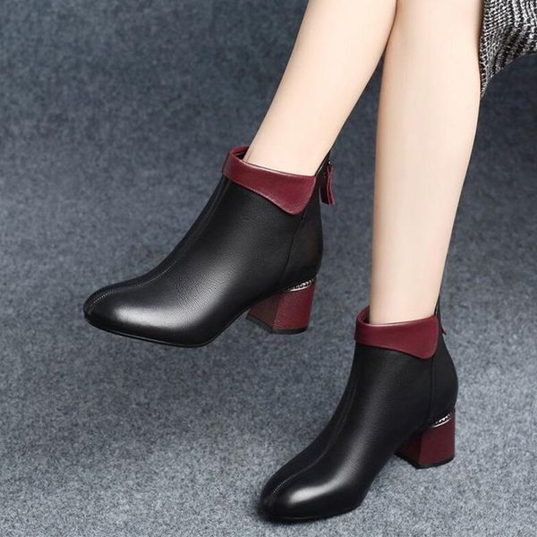 

boots women ankle pumps winter autumn shoes ladies plush warm high heels pu leather fashion pointed toe zip short female, Black