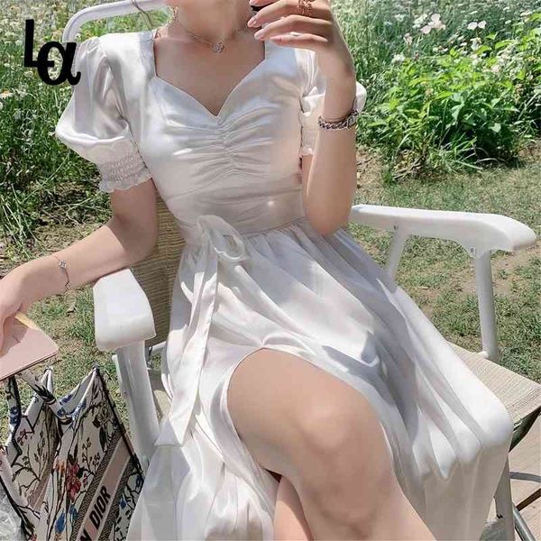 

luck a 2021 french ruffle dress women puff sleeve split dress office lady korean style summer elegant chiffon fairy dress 210322, Black;gray