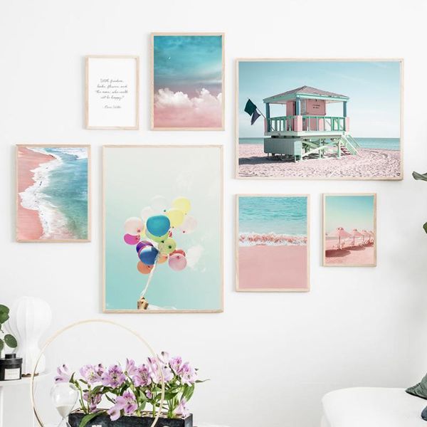 

paintings bahamas pink bathing beach hut balloon wall art canvas painting nordic posters and prints pictures for living room decor