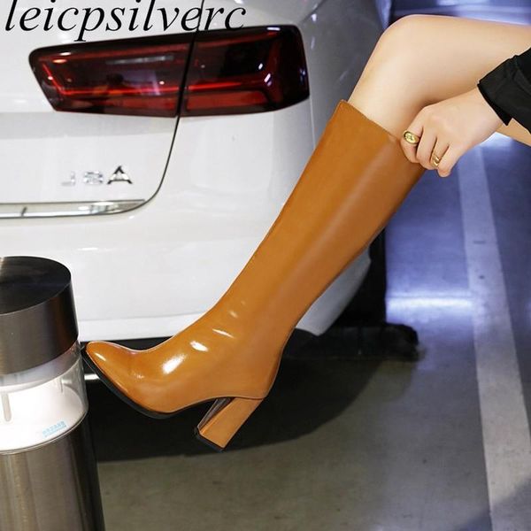 

boots women pu modem autumn winter warm super high-heels knee-high square toe heel zip 2021 fashion black