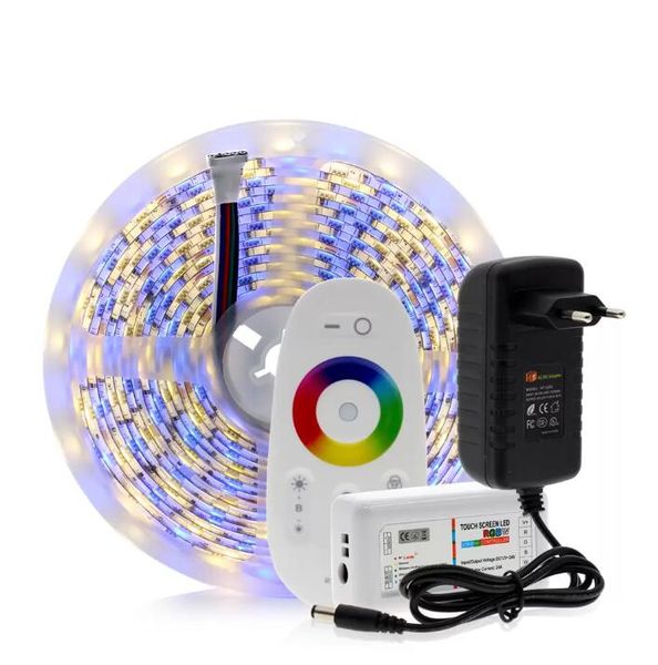 Tira LED 5050 RGB / RGBW / RGBWW DC12V 5M 300LEDS Flexible LED LED SET + RF 2.4G Toque controle remoto + adaptador de energia