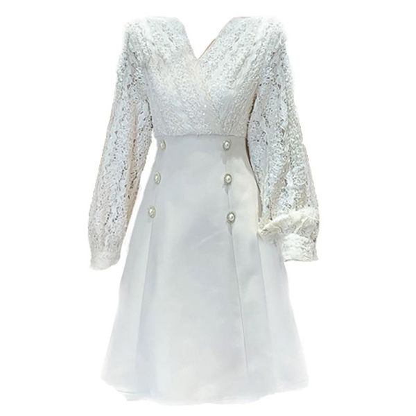 

splicing lace spring autumn elegant pastel trendy korean dress women robe vestidos high slim waist office mini casual dresses, Black;gray
