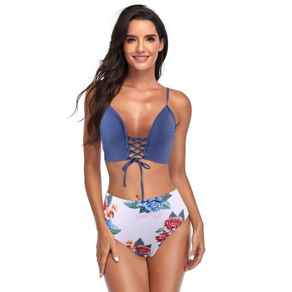 

one-piece suits bikini set women romantic flower print bandage hollow swimsuit beachwear swimwear two piece brazilian bathing suit