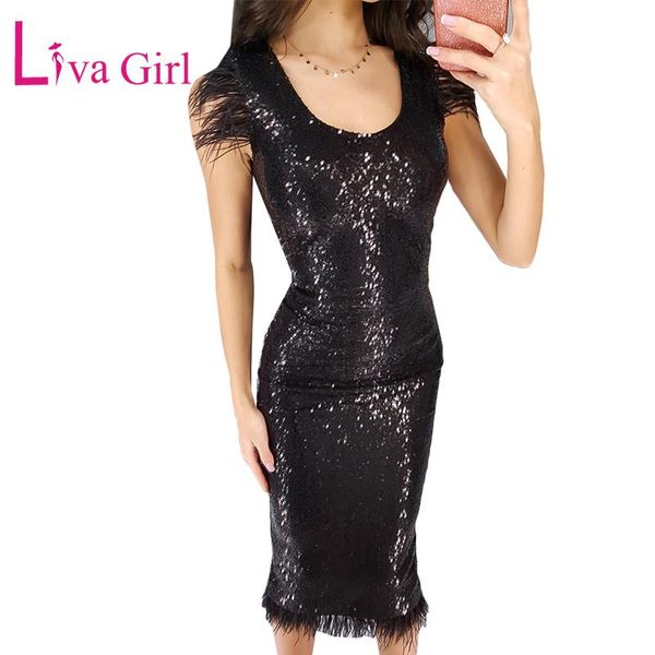 

casual dresses liva girl glitter sequin black dress elegant feather sleeveless women party midi night club bodycon female vestidos, Black;gray