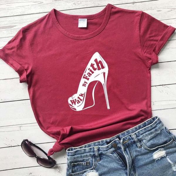 

women's t-shirt walk by faith high heels t shirt graphic women fashion cute young hipster street style aesthetic camisetas tees wanderl, White
