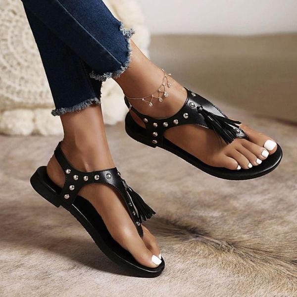 

punk metal rivets flat sandals shoes for women plus size 43 tassel fringed flip flops summer ladies wholesale, Black