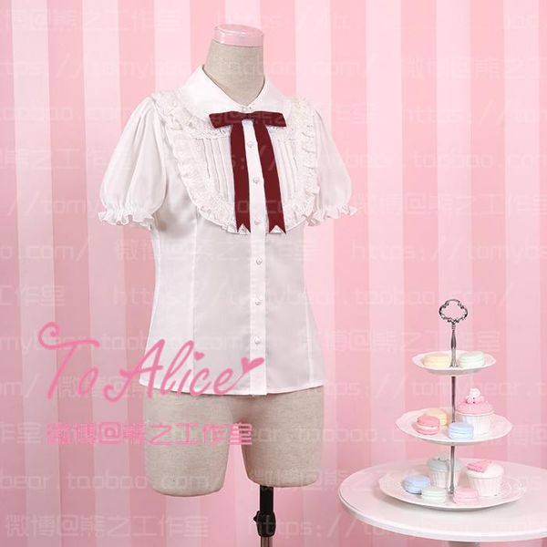 

women's blouses & shirts kawaii girls "milk bear" theme lolita blouse short sleeve summer chiffon white shirt with 3 color bo