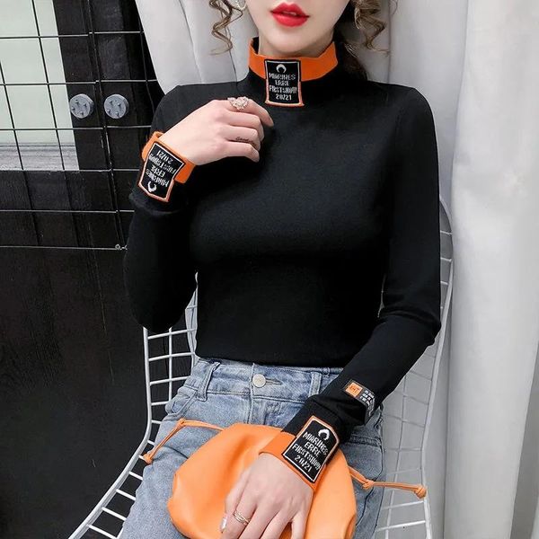 

women's t-shirt tsxt winter 2021 fashion half high collar clanged embroidery tight letter long sleeve top, White