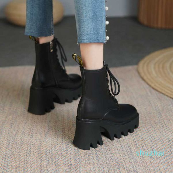

boots leather fall winter high heels ladies plush motorcycle plus size platform round toe 2022 cross tied, Black