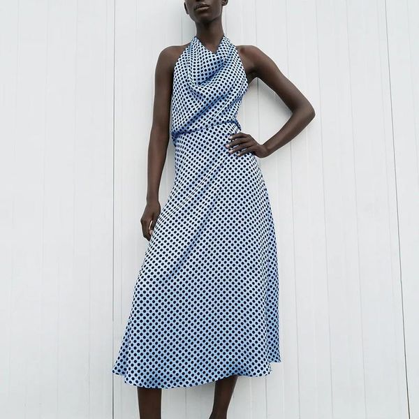 

casual dresses elegant pokla dot print women dress backless halter female chiffon summer beach style ladies midi vestidos, Black;gray