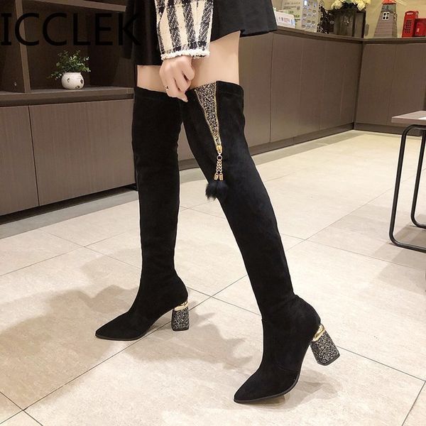 

autumn winter elastic flock slim fit over the knee boots women med heel ladies high heel thigh high botas shoes 210428, Black