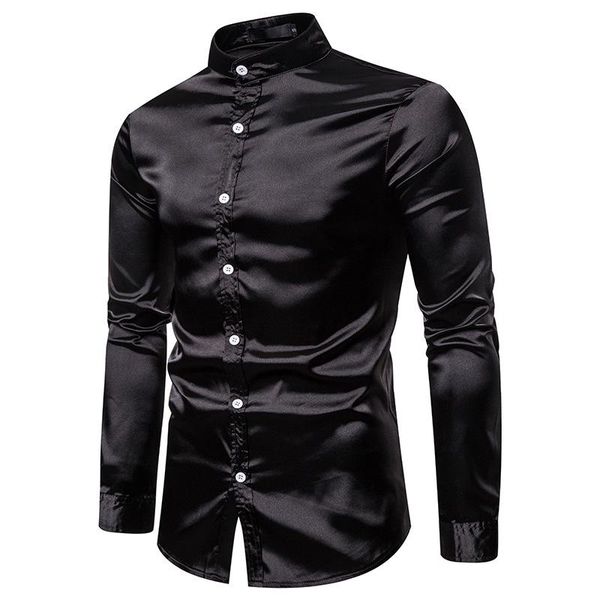 

men's casual shirts black mandarin collar dress shirt tuxedo 2021 brand silk satin men camisa masculina business, White;black